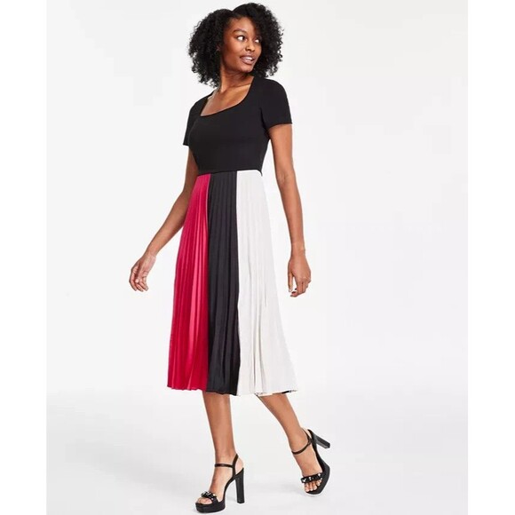KARL LAGERFELD PARIS Women's Color blocked Pleated Midi Dress Black Multi 10 - Picture 1 of 7